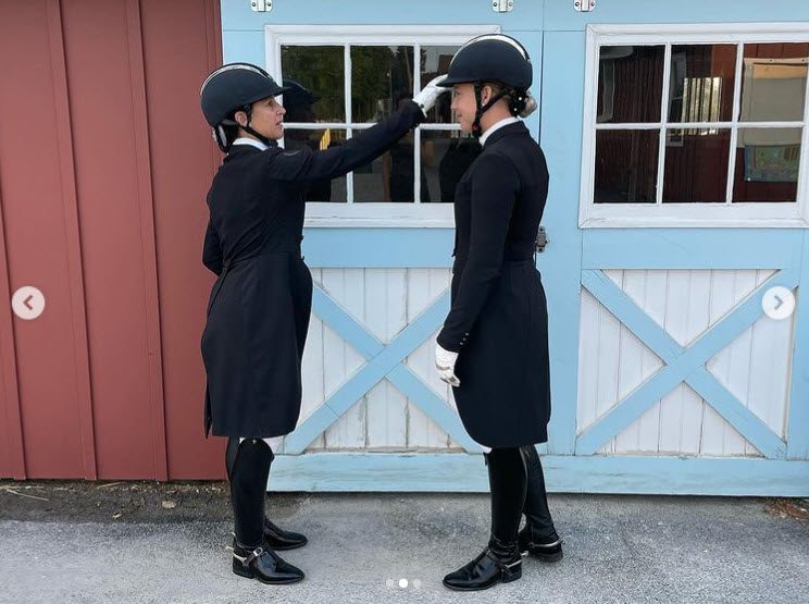NorCordia Riders Catherine Haddad and Hope Beerling at Devon Dressage show getting ready for the show